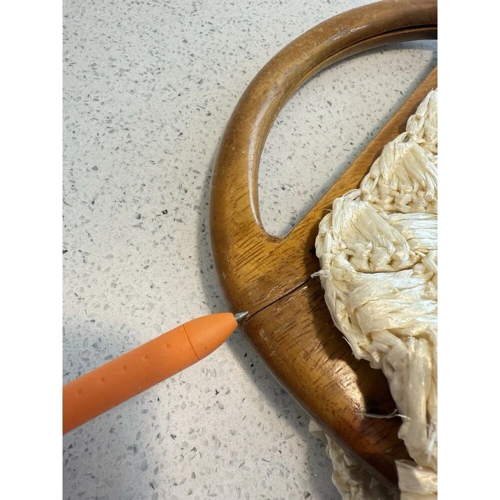 Vintage Purse Woven Straw Raffia Handbag Floral Wooden Handle Cream 1960's - Picture 5 of 13